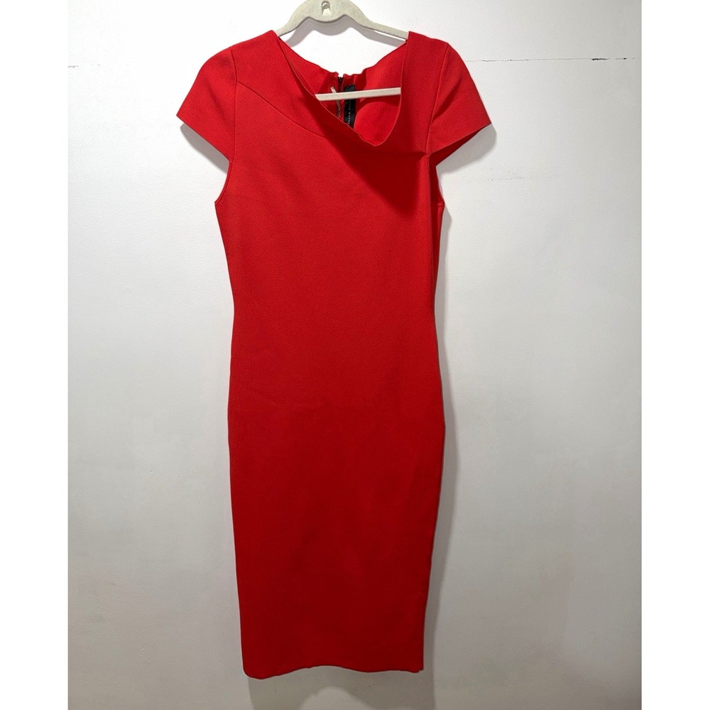 Roland Mouret Red L Sheath Midi Dress Evening Night Out Luxury Stretch MobWife